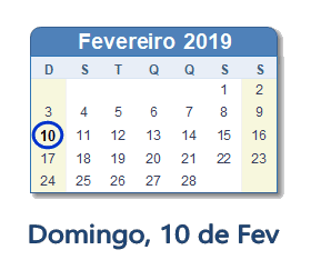 10 Fevereiro 2019 calendario