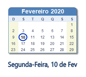 10 Fevereiro 2020 calendario