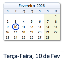 10 Fevereiro 2026 calendario