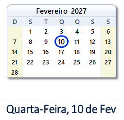 10 Fevereiro 2027 calendario