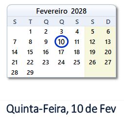 10 Fevereiro 2028 calendario