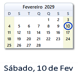 10 Fevereiro 2029 calendario