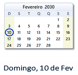 10 Fevereiro 2030 calendario