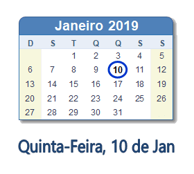 10 Janeiro 2019 calendario