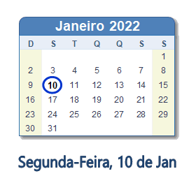 10 Janeiro 2022 calendario