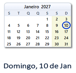 10 Janeiro 2027 calendario