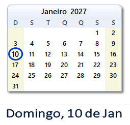 10 Janeiro 2027 calendario