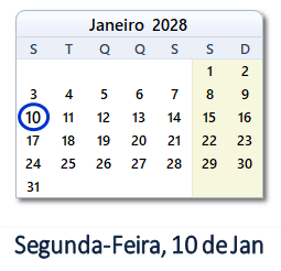 10 Janeiro 2028 calendario