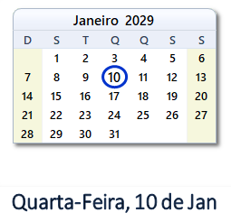 10 Janeiro 2029 calendario