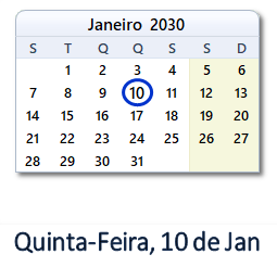 10 Janeiro 2030 calendario