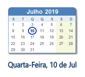 10 Julho 2019 calendario