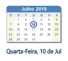 10 Julho 2019 calendario