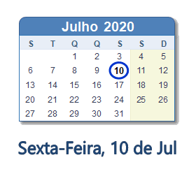 10 Julho 2020 calendario