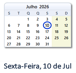 10 Julho 2026 calendario