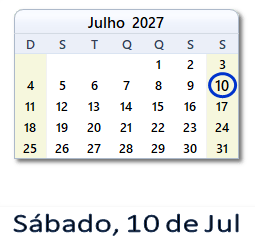 10 Julho 2027 calendario