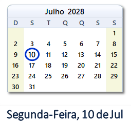 10 Julho 2028 calendario