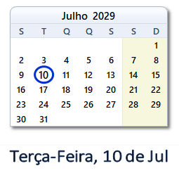10 Julho 2029 calendario