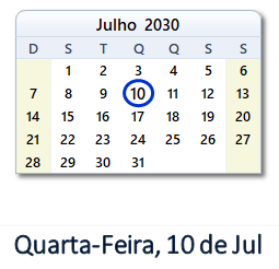 10 Julho 2030 calendario