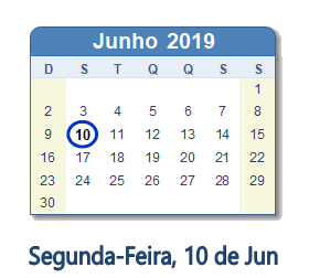 10 Junho 2019 calendario