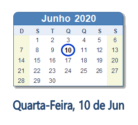 10 Junho 2020 calendario