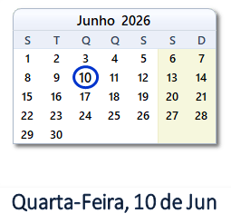 10 Junho 2026 calendario