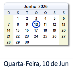 10 Junho 2026 calendario