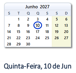 10 Junho 2027 calendario