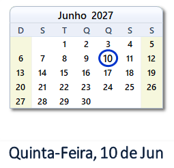 10 Junho 2027 calendario