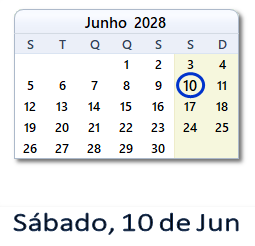 10 Junho 2028 calendario