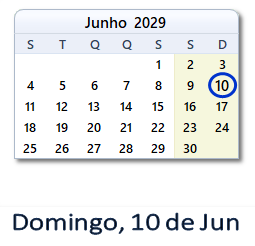 10 Junho 2029 calendario