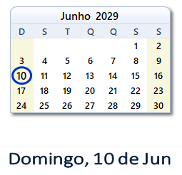 10 Junho 2029 calendario