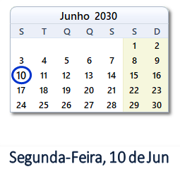 10 Junho 2030 calendario