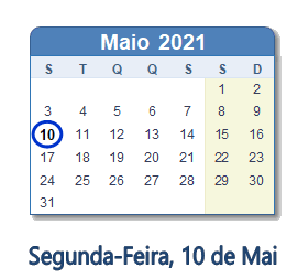 10 Maio 2021 calendario