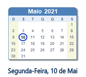 10 Maio 2021 calendario