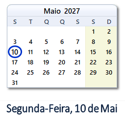 10 Maio 2027 calendario