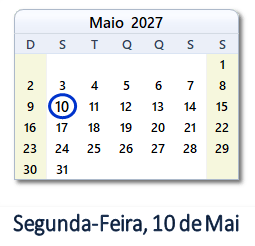 10 Maio 2027 calendario