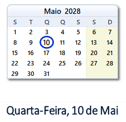 10 Maio 2028 calendario