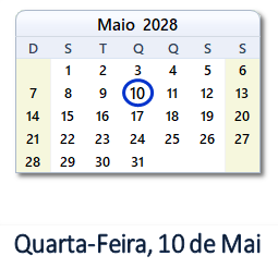 10 Maio 2028 calendario
