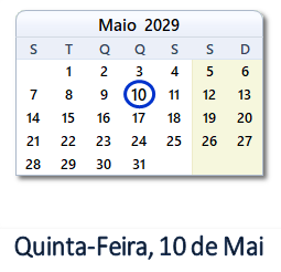 10 Maio 2029 calendario