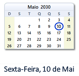10 Maio 2030 calendario