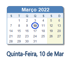 10 Março 2022 calendario