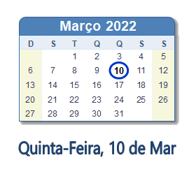 10 Março 2022 calendario