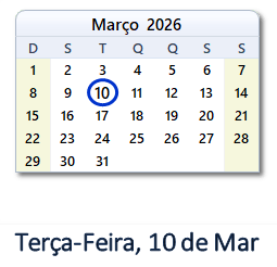 10 Março 2026 calendario