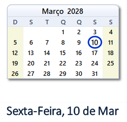 10 Março 2028 calendario