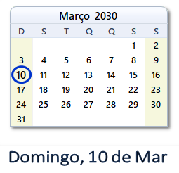10 Março 2030 calendario