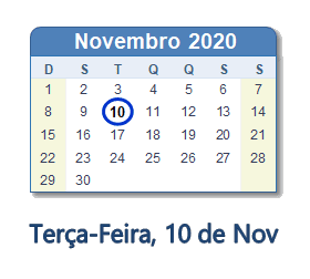 10 Novembro 2020 calendario