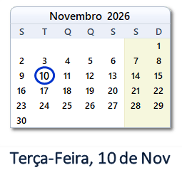 10 Novembro 2026 calendario