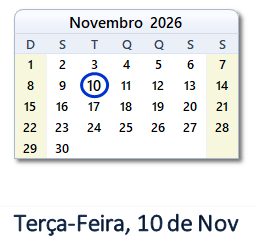 10 Novembro 2026 calendario