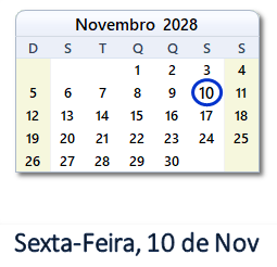 10 Novembro 2028 calendario