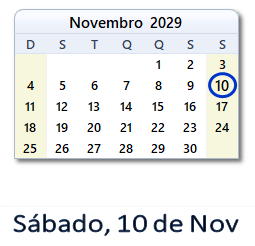 10 Novembro 2029 calendario